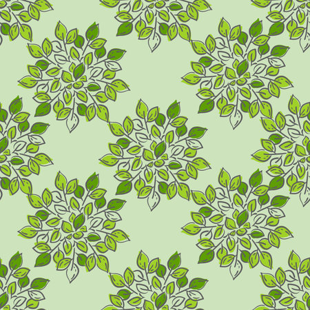 seamless abstract green leaf pattern, foliage. floral Mandala. Vector Illustration doodle kids style design.Organic Element Creative Botany Concept. wallpaper, textile, wrapping paper.のイラスト素材