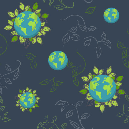 earth. Cartoon globe with leaves. web icons green happy nature character. love ecology earth planet world map seamless pattern vector illustration. For textile print, wrapping paperのイラスト素材