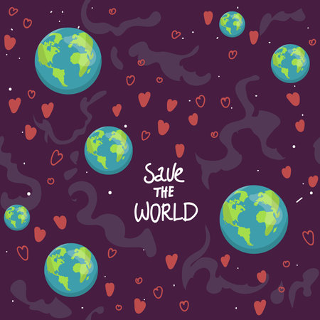 earth Cartoon globe, hearts web icons green happy nature character. love ecology earth planet world map seamless pattern vector illustration. For textile print, wrapping paper. save the worldのイラスト素材