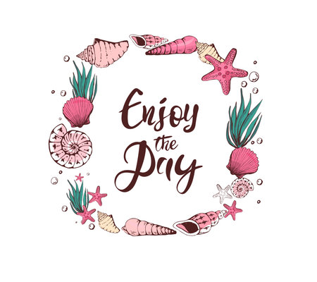 Summer Card Design with Hand Drawn Shells and Sea Stars. Vector illustration. Frame with Place for Text. Invitation Template. poster, summer sale.のイラスト素材