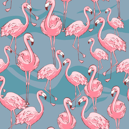 Pink flamingo. Cute African bird. Seamless vector pattern. Tropical gentle background for surface, textile, fabric for kids. hand drawn brush texture. blue background.のイラスト素材