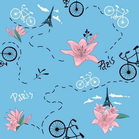 Retro bike seamless pattern. Vector illustration for bicycle transport design. Bright vehicle pattern. Sport race ride cute wallpaper background.Paris, France symbols doodlesのイラスト素材