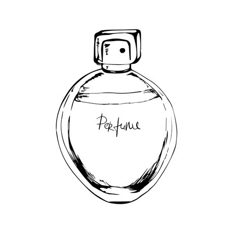Perfume bottle spray. Vector black illustrations on white backgrounds. Hand drawn for poster, label, banner, web.のイラスト素材