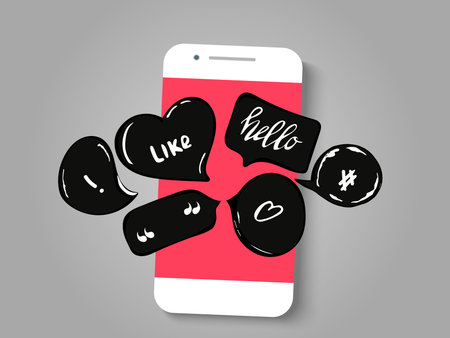 Vector illustration smartphone with speech bubbles get message on screen. Social network and mobile device concept. Graphic for websites, web banner.のイラスト素材