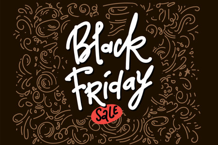 Black Friday Sale hand drawing lettering, calligraphy with doodle curls on black backgroundのイラスト素材