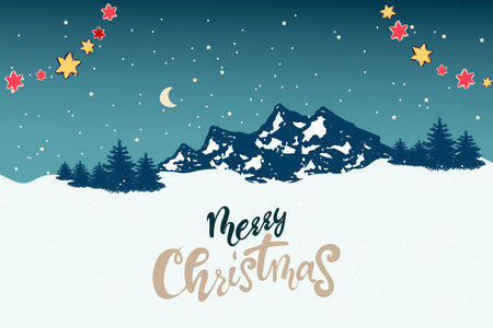 Winter landscape with a christmas tree, houses, sun, text in flat design in vector. Merry Christmas happy new year winter illustration. holiday design for christmas season.のイラスト素材