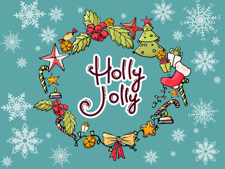 Holly Jolly Vector greeting card, banner with hand written calligraphic lettering phrase in wreath. Sock, tree, candyのイラスト素材