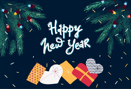 Happy New Year 2020 greeting card with Christmas decorations fir tree border, gifts, confetti .のイラスト素材