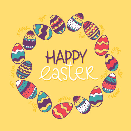 Easter wreath, eggs hand drawn on yellow background. Hand drawn Decorative doodle frame , floral elements. Easter eggs with ornaments in circle shape. greeting cardのイラスト素材