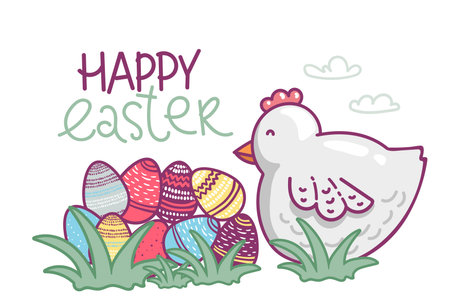 Easter hen and eggs. flat vector illustration isolate on white background. Cute creative card template with chicken. Hand Drawn. for Easter, egg hunt, party invitations, scrapbooking in bright colors.のイラスト素材