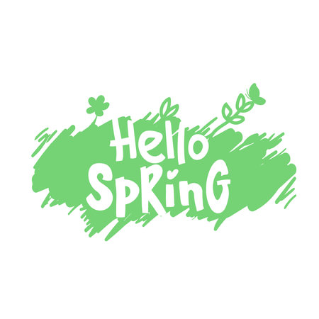 Hello spring lettering on green backdrop. Calligraphy postcard or poster graphic design lettering element. Hand written calligraphy style spring postcard. Simple vector brush calligraphy.のイラスト素材