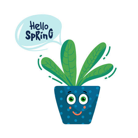 flower pots with speech bubble . illustration funny cut character with face vector isolated on white. Hello springのイラスト素材