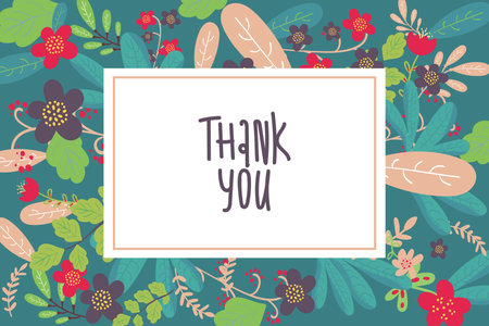 Beautiful greeting card with flowers. Vector party invitation with floral doodle elements. hand drawing. Frame for your text on floral background.のイラスト素材