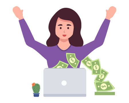 Girl with laptop sitting making money. money comes out of a laptop. Freelance or studying concept. on the notebook,, browsing internet chatting. Young woman working. illustration flat styleのイラスト素材