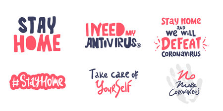 lettering phrase set. coronavirus. Take care of Yourself . i need anivirus, Stay home. no more coronavirus. we will defeat, Quarantine precaution to stay safe from Coronavirus 2019-nCov Virusのイラスト素材
