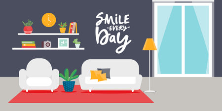 Home dark interior. Interior design of a living room for web site, print, poster, presentation, infographic. Flat design illustration.のイラスト素材