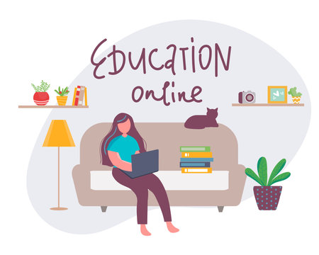 Girl studying with laptop and books. during coronavirus outbreak concept. Back to school, online education concept vector illustration in flat style. Self-isolationのイラスト素材