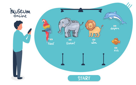 man holds phone, visit online museum, zoo gallery, watches animals. Interactive museum exhibition. Virtual Museum online in Smartphone. Elephant, parrot, dolphin , lion. Vector flat concept.のイラスト素材