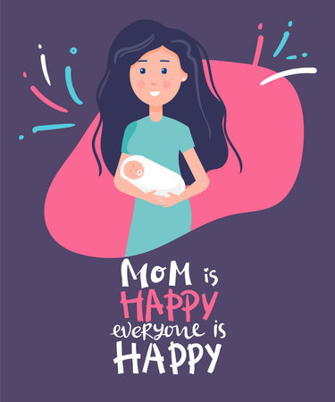 Beautiful mother with little son baby, child holding him in her caring hands. Cartoon vector illustration. flat. with lettering mom is happy everyone is happy. greeting card formother's dayのイラスト素材