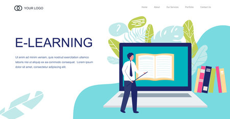 Landing Page, template banner. Vector online education illustration of teacher man look like school board with book. on notebook background. Online education background. Online education concept. flatのイラスト素材