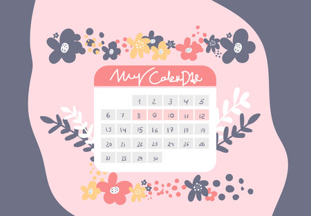 the calendar menstrual cycle. Menstruation calendar. Monthly period. Write calendar. Vector illustration flat design. Isolated on background. PMS.のイラスト素材