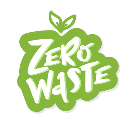 Zero waste handwritten text with green leaves isolated on black background. Zero landfill concept illustration in cartoon style. stickerのイラスト素材