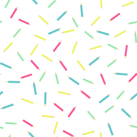 Back to school. Colorful pencil, stationery supplies seamless pattern. flat on whiteのイラスト素材