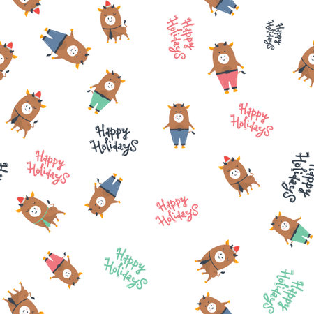 Seamless pattern. Chinese Happy new year. Year of the bullのイラスト素材