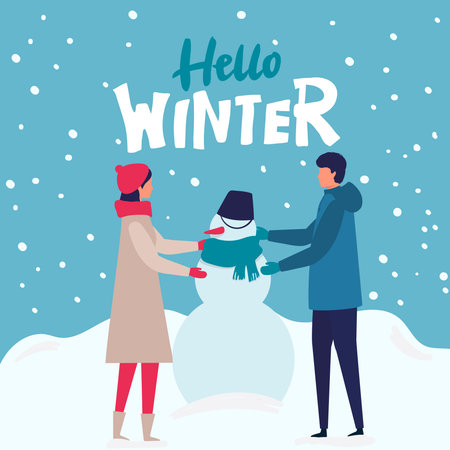 family with man and woman making snowman on snow landscape background. Modern people holiday design for xmas season. Merry Christmas happy new year winter illustrationのイラスト素材