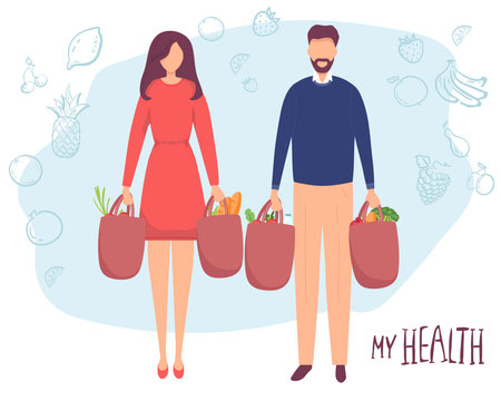 Young attractive fashionable man woman holding packages with foods. Isolated concept girl character with flat style. Vector illustration, concept healthy food, vegetables fruits, for healthy lifestyleのイラスト素材