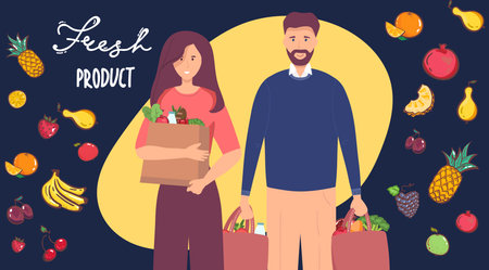 Young young family, man woman, holding packages with foods. concept character with flat style. Vector illustration, concept healthy food, vegetables fruits, for healthy lifestyleのイラスト素材