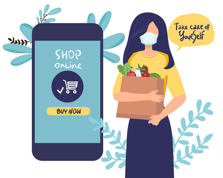 Girl in medical mask shopping from home, online purchases from smartphone. Coronavirus outside. Vector flat illustration.のイラスト素材
