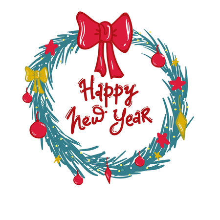 Round Christmas wreath isolated on white with balls. vector, hand drawing, For festive design, announcements, postcards, invitations, posters.のイラスト素材
