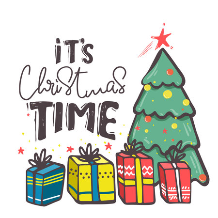 decorative Christmas presents, vector Christmas card. gifts with lettering , christmas tree on white background. its Christmas Time . Greeting card hand drawing doodleのイラスト素材