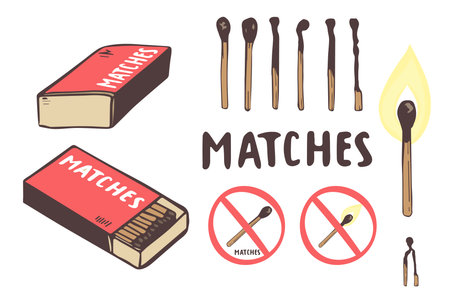 Safety match ignite burn icons set. Hand drawing. Cartoon illustration of doodle Safety match vector icon for web isolated on white backgroundのイラスト素材