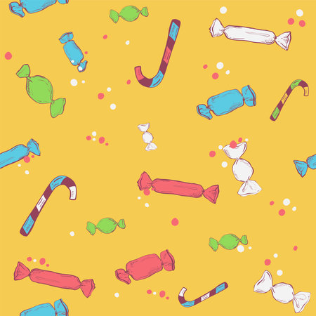 Colorful wrapped candies seamless background vector illustration. Hand drawn doodle sketch. vector illustration Wrapping paperのイラスト素材
