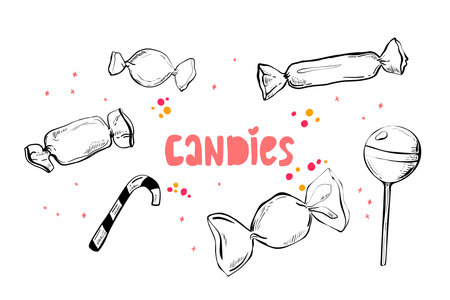 set of ink drawing candy. illustration in vintage engraved style. isolated on white background. vector hand drawingのイラスト素材