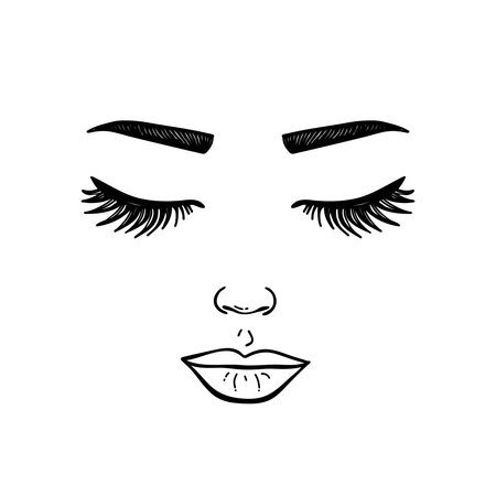 Portrait of beautiful woman with closed eyes on white background. Vector version. eyelashes eyes lips black on white. hand drawing vector face, sketchのイラスト素材