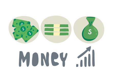 infographic Bag of Money Logo Template, Sack of Money Vector Illustration banknote, growth graph. Hand drawing make money on the Internetのイラスト素材