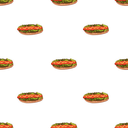 Hot Dog Day vector seamless pattern with buns and sausages. hand drawing on whiteのイラスト素材