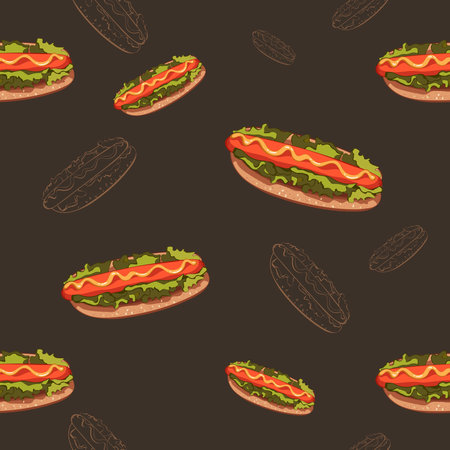 Hot Dog Day vector seamless pattern with buns and sausages. hand drawing on blackのイラスト素材