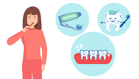 woman brushing his teeth. Vector illustration of a flat design. teeth cleaning, healthy teeth. concept, infographic.のイラスト素材
