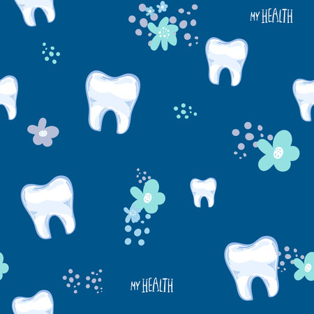 Vector dental seamless pattern: white teeth on blue background. Cute funny hand drawn teeth. vector illustration. background for fabric, textile design, wrapping paper, wallpaperのイラスト素材