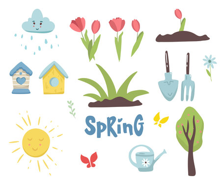Vector set of cute spring cartoon plants and decorations. Garden party. Collection of scrapbook elements with watering can, flowers, butterfly, shovel, rake, tulipsのイラスト素材
