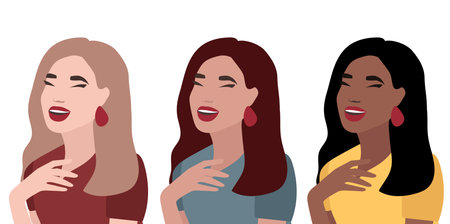 Young women with different skin, hair and eye colors. Race diversity illustration. Beautiful girl laughs, closed eyes. Smile, eyes, teeth. Avatar. woman laughing. vector flat illustration whiteのイラスト素材