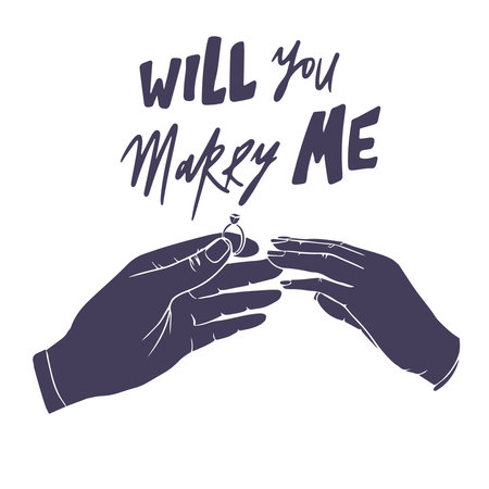 Will you marry me. Marriage proposal vector illustration with wedding ring and male and female hands.のイラスト素材