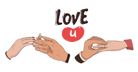 set of hands. Will you marry me. Marriage proposal vector illustration with wedding ring and male and female hands. hearts.のイラスト素材