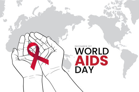 Hand drawn world aids day banner design template. hand support, red ribbon