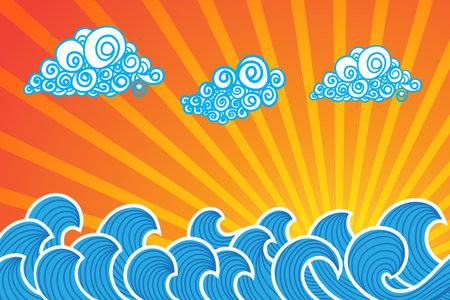 Hand drawn sun, cloud and sea waves backgroundのイラスト素材