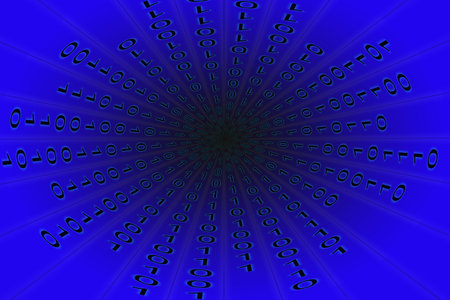 Blue Binary Code going to the black center of the imageの写真素材